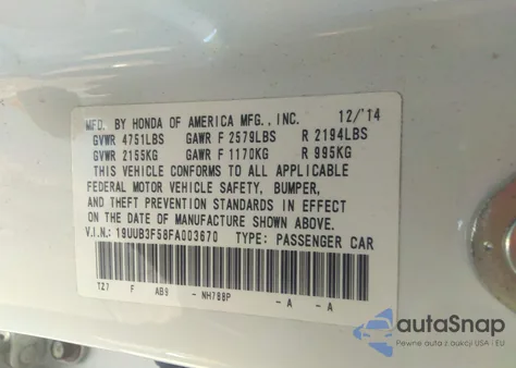 2015 Acura Tlx V6 Tech from USA, damaged, VIN 19UUB3F58FA003670